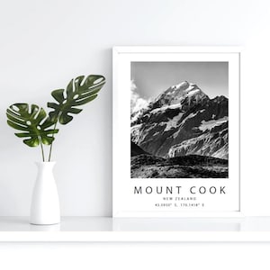 Puede incluir: Una impresión en blanco y negro enmarcada del Monte Cook, Nueva Zelanda, con la cima cubierta de nieve. La impresión está en una estantería blanca, junto a un jarrón blanco con hojas tropicales verdes.
