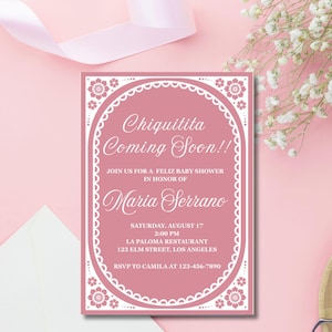 Pink Chiquitita Baby Girl Cielito Lindo Baby Shower Invitation Papel Picado Mexican Baby Shower Invitation Editable Canva template Talavera