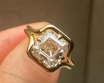 3 CT Asscher Cut Bypass Band Lab Grown diamanten verlovingsring 14K massief gouden solitaire trouwring uniek cadeau ring voor haar