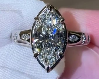 Unieke 3 CT Marquise Cut faux bezel set Lab Grown diamanten verlovingsring 14K massief gouden solitaire effenen set band trouwring cadeauring