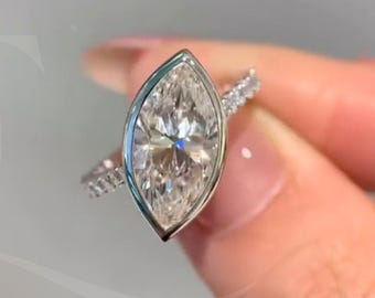 Unieke bezel set 4 CT Marquise Cut Lab Grown diamanten verlovingsring 14K massief gouden effenen diamanten band trouwring cadeauring voor haar