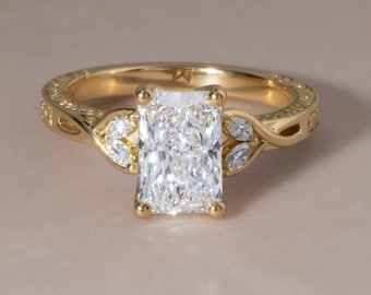 Vintage 2 CT Radiant Cut Lab Grown diamanten verlovingsring Unieke 14K massief gouden hand gegraveerde band trouwring perfect cadeau voor haar