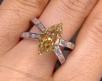 Unieke 2 kt fancy gele in het lab gekweekte marquise geslepen diamanten verlovingsring 14K massief goud X-ontwerp met baguettes effenen band trouwring