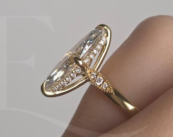 Vintage 3 CT Marquise Cut verborgen Halo Lab Grown diamanten verlovingsring 14K massief gouden solitaire ring unieke Milgrain Pave Set trouwring