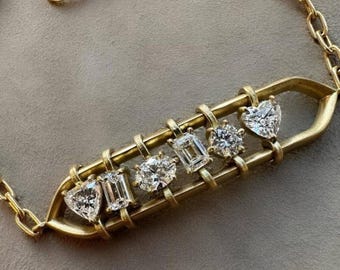 Bewegliches Diamant Armband Herz, Rund, Smaragd und Oval Moissanite Diamant Designer Armband, 14K Solid Paper Clip Chain Diamant Armband