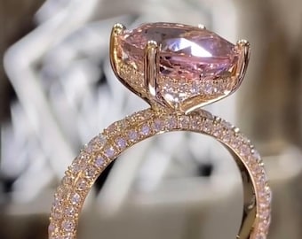 Unieke 4 CT roze ovaal geslepen IGI-gecertificeerde lab-gegroeide diamanten verlovingsring 14K massief gouden kathedraal set band verborgen halo huwelijkscadeau ring