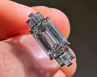 Unieke East West 2 CT smaragd geslepen met zes geflankeerde baguettes Lab-gegroeide diamanten verlovingsring 14K massief gouden solitaire trouwring