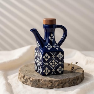 Navy Blue Ceramic Oil Dispenser: Patterned Olive Oil Cruet