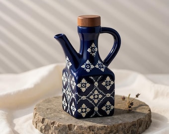 Navy Blue Ceramic Oil Dispenser | White Patterned Kitchen Bottle for Olive Oil, Vinegar & Sauce | Elegant Cruet