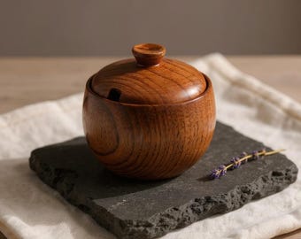 Vintage Wooden Salt Cellar with Lid | Rustic Wood Spice Jar | Farmhouse Sugar Bowl | Kitchen Countertop & Tabletop Storage