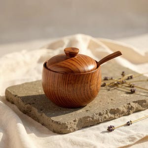 Wooden Salt Cellar with Spoon: Rustic Farmhouse Spice Jar