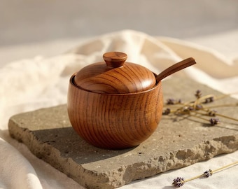 Wooden Salt Cellar with Spoon | Spice Jar with Lid | Rustic Farmhouse Sugar Bowl | Kitchen Condiment Container | Natural Wood Herb & Chili S