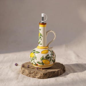 Hand Painted Ceramic Olive Oil Dispenser Bottle | Italian Kitchen Decor | Mediterranean Olive Branch Design Vinegar Cruet with Pour Spout