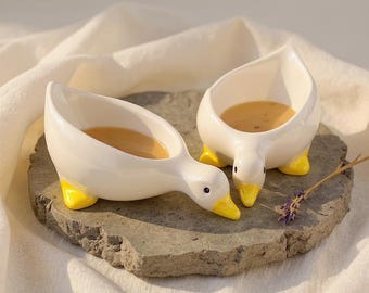 Cute Duck Ceramic Dipping Bowl Set of 2 | Adorable Animal Sauce Dish | Aesthetic Mini Condiment Bowl | Ketchup Soy Salad Dressing