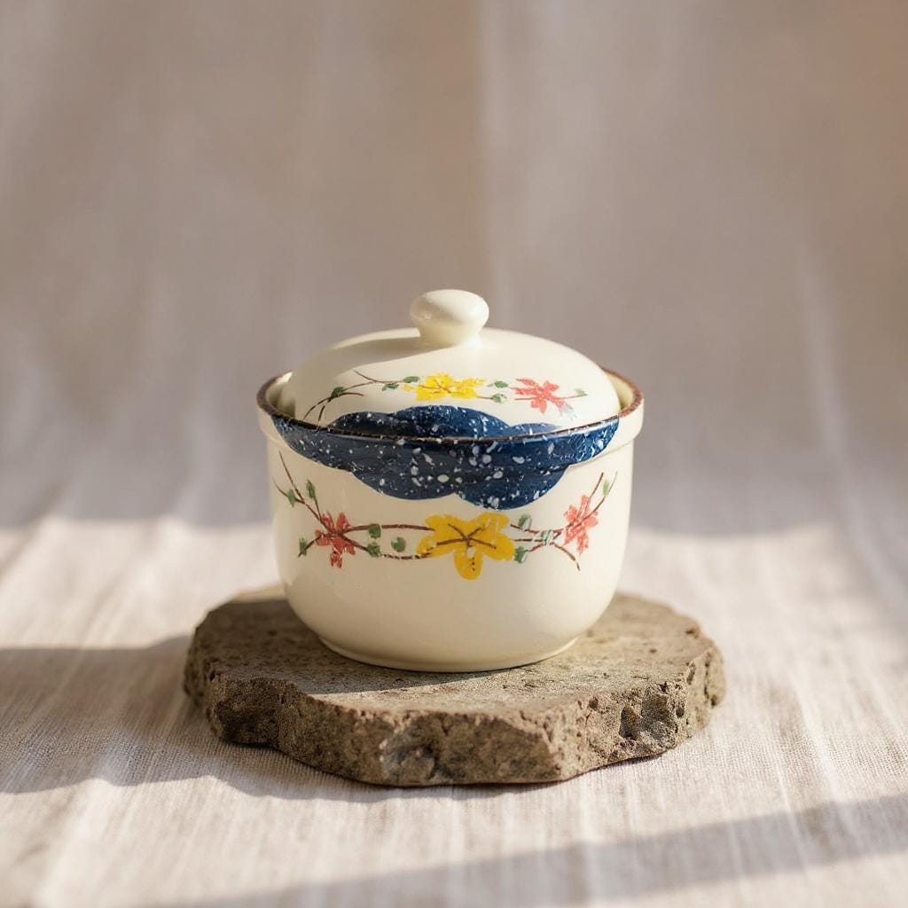 Japanese Ceramic Spice Jar with Lid and Spoon | Blue Splatter Floral Sugar Bowl | Rustic Condiment Pot Salt Cellar Tea Canister