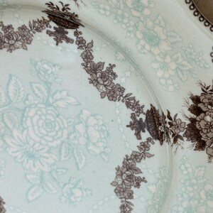 May include: A vintage ceramic plate with a light blue background and a floral pattern in brown and white. The plate features a detailed border design and a delicate floral motif throughout the center.