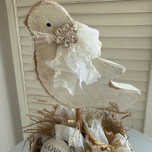 Shabby Chic Bird and Nest Decor: Rhinestone & Lace Embellished