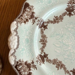 May include: A close-up of a vintage plate with a light blue background and a brown floral pattern. The plate has a scalloped edge with a white border. The floral design includes roses and other flowers.