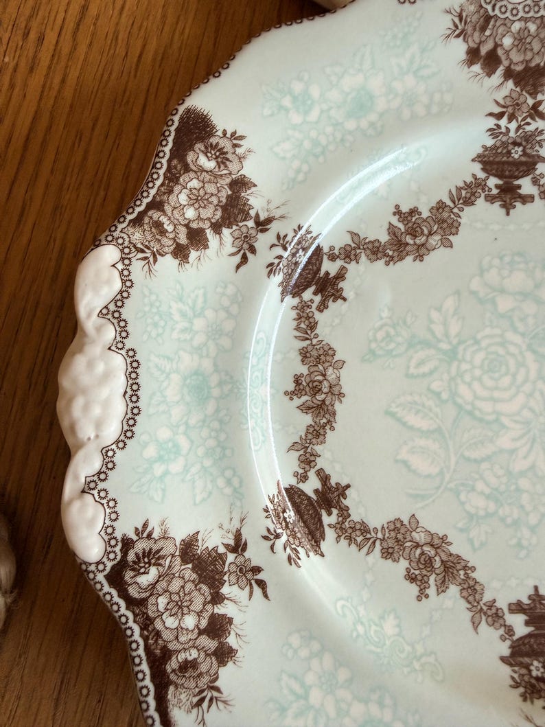 May include: A close-up of a vintage plate with a light blue background and a brown floral pattern. The plate has a scalloped edge with a white border. The floral design includes roses and other flowers.