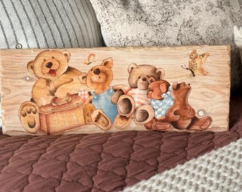 Vintage Wooden plaque Teddybear Art:  Nursery decor, Playroom decor Country primitive decor, Cottagecore Decor