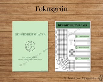 Rastreador mensual de hábitos (PDF): planificador de hábitos sin fecha para imprimir, minimalista, con énfasis en el color verde.