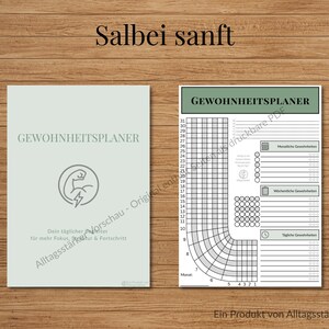 May include: Two habit tracker printables on a wooden surface. The left one is light green with the text "GEWOHNHEITSPLANER" and a logo. The right one is a detailed habit tracker with a grid and sections for monthly and weekly habits.