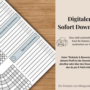 Puede incluir: Un rastreador de h&aacute;bitos imprimible con secciones para objetivos diarios y semanales, con un sistema de calificaci&oacute;n por estrellas. El dise&ntilde;o incluye el texto "Descarga instant&aacute;nea digital" e instrucciones.