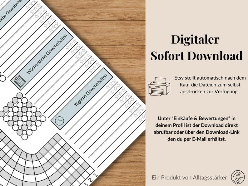 Puede incluir: Un rastreador de h&aacute;bitos imprimible con secciones para objetivos diarios y semanales, con un sistema de calificaci&oacute;n por estrellas. El dise&ntilde;o incluye el texto "Descarga instant&aacute;nea digital" e instrucciones.
