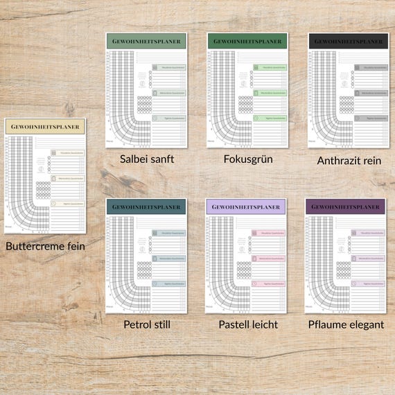 Gewohnheitsplaner Bundle – 7x Monatlicher Habit Tracker zum Ausdrucken (PDF-Vorlagen, undatiert, 7 Farben)