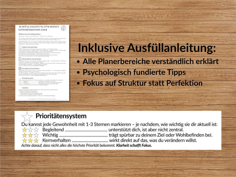 Puede incluir: Documento con texto en alem&aacute;n, que incluye instrucciones y un sistema de priorizaci&oacute;n, se muestra sobre una superficie de madera. El texto destaca la planificaci&oacute;n de h&aacute;bitos y consejos psicol&oacute;gicos. El sistema de priorizaci&oacute;n usa estrellas.