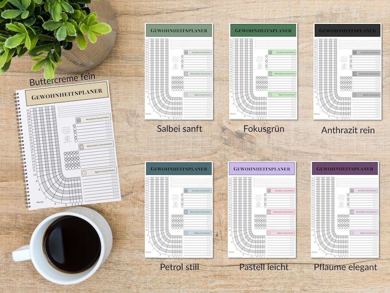 Puede incluir: Una colecci&oacute;n de cuadernos de seguimiento de h&aacute;bitos en varios colores, incluyendo verde, morado y gris. Cada cuaderno presenta una encuadernaci&oacute;n en espiral y un dise&ntilde;o detallado para el seguimiento de h&aacute;bitos diarios.