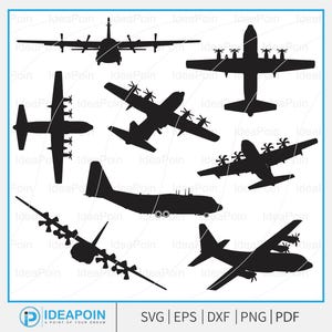 Lockheed Martin C-130 Hercules svg, Military Aircraft Vectors, Military aircraft vector, Aviation Clipart, C-130 Hercules Silhouette Bundle