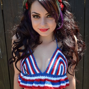 Red White Blue Crochet Halter Top Crop Top Ruffle Top Bikini Top Festivals Raves Summer Fashion image 1