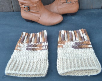Reversible Crochet Boot Cuffs - 2 in 1 Brown Beige Boot Cuffs Toppers Leg Knee Warmer - Fall Winter Fashion - Ready To Ship