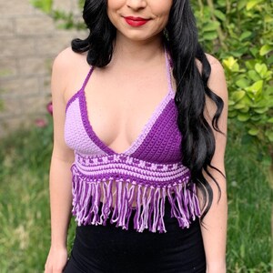 Purple Crochet Fringe Crop Top - Cotton Bikini Halter Top - Festival Rave Party Fashion Summer Top - Beach Vacation Top