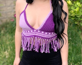 Purple Crochet Fringe Crop Top - Cotone Bikini Halter Top - Festival Rave Party Fashion Summer Top - Beach Vacation Top