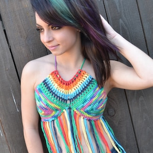 Reversible Rainbow Crochet Halter Top with Fringes Festival Top Hippie Top Bikini Top Summer Fashion image 1