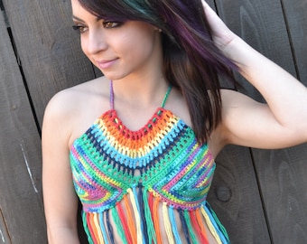 Reversible Rainbow Crochet Halter Top with Fringes - Festival Top - Hippie Top - Bikini Top - Summer Fashion
