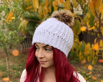 White Crochet Fur Pom Pom Winter Hat - Detachable Faux Fur Pom Pom Crochet Beanie Hat - Trendy Stylish Fur Pom Pom Hat