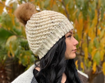 Crochet Fur Pom Pom Winter Hat - Detachable Faux Fur Pom Pom Crochet Beanie Hat - Trendy Stylish Warm Unisex Fur Pom Pom Hat