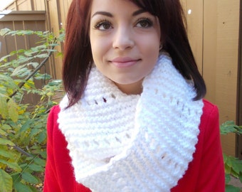 Hand Knitted Infinity Scarf - Eternity Scarf - Knitted Cowl - Knit Neckwarmer - White Scarf - Circle Scarf