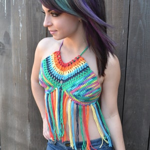 Reversible Rainbow Crochet Halter Top with Fringes Festival Top Hippie Top Bikini Top Summer Fashion image 3