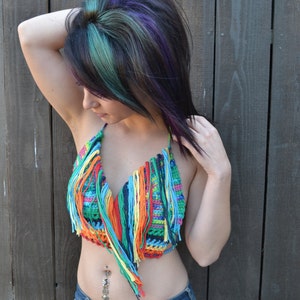 Reversible Rainbow Crochet Halter Top with Fringes Festival Top Hippie Top Bikini Top Summer Fashion image 5