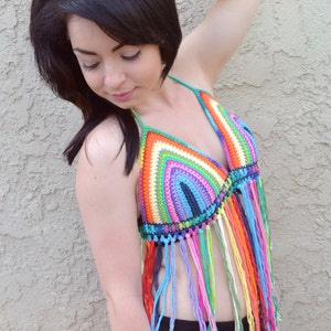 Rainbow Halter Top Crochet Top Fringe Top Festival Top Bikini Top Hippie Top Bohemian Summer Fashion image 3