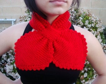 Red Necktie Scarf - Hand Knitted Lotus Leaf Scarf - Knitted Neck Warmer - Red Hearts - Fashion Accessories - Gift for Her