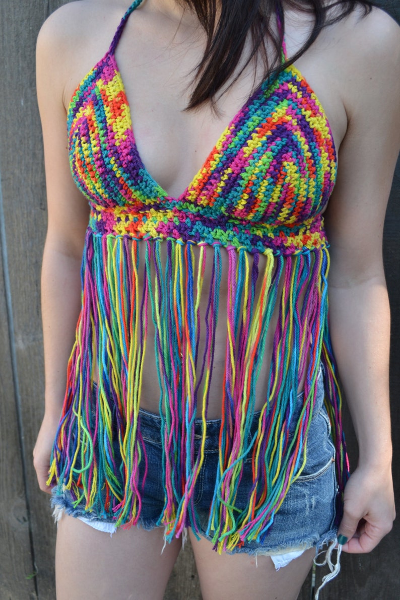 Rainbow Halter Top Crochet Halter Top with Fringes Hippie | Etsy