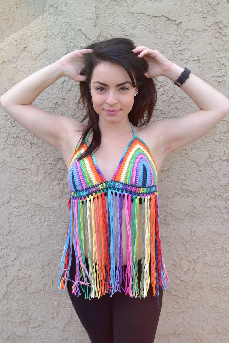 Rainbow Halter Top Crochet Top Fringe Top Festival Top Bikini Top Hippie Top Bohemian Summer Fashion image 2