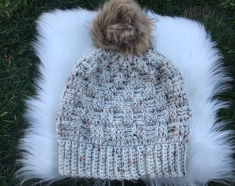 Crochet Fur Pom Pom Hat Beanie - Basket Weave Crochet Hat Beanie With Detachable Faux Fur Pom Pom - Can Be Made In Any Color