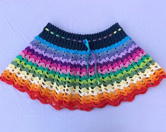 Crochet Rainbow Summer Skirt - Beach Cover Up - Skirt In Vegan Friendly Rainbow Cotton - Festival Rave Party Vacation Beach Wear