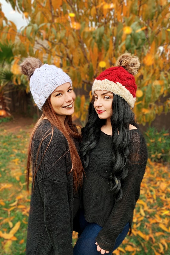 Cable Knit Fur Pom Pom Winter Hat 
